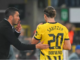 Borussia Dortmund's Turkish coach Nuri Sahin (L) speaks with Borussia Dortmund's Austrian midfielder #20 Marcel Sabitzer