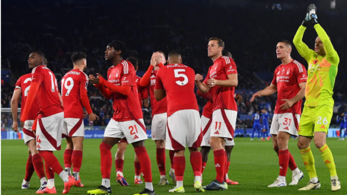 Nottinham Forest players celebrating their victory against Leicester City